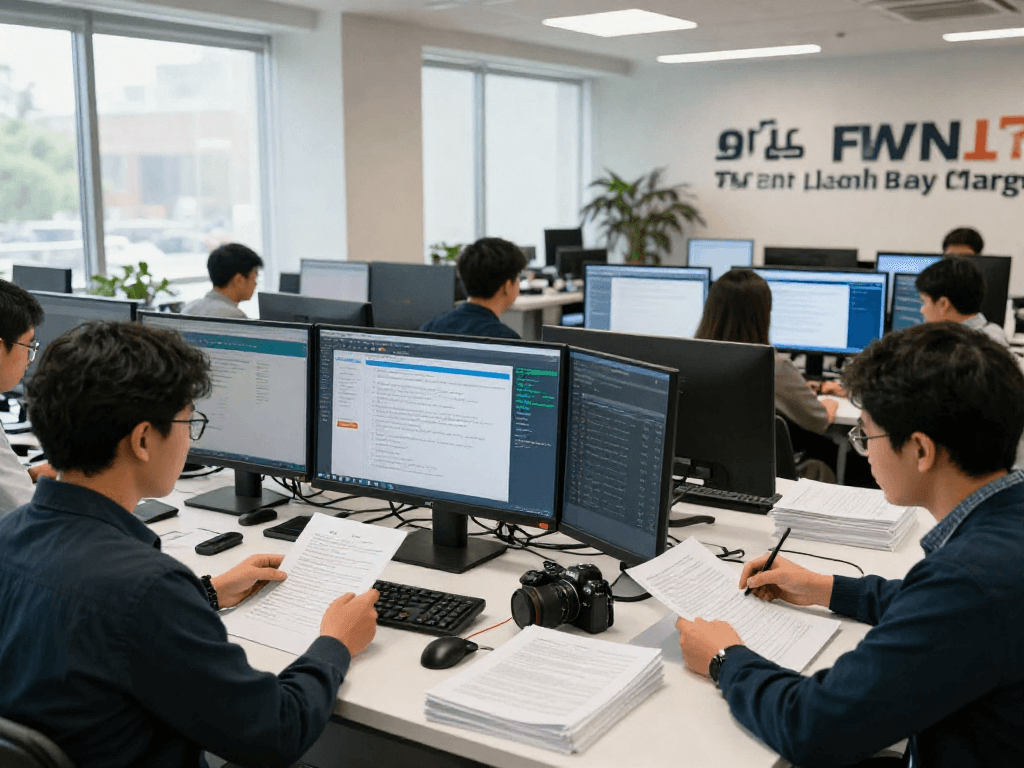 Document fraud detection through AI analysis at a modern verification center with a diverse team of analysts.
