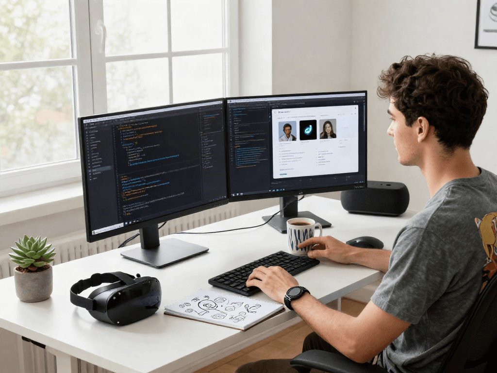 Workspace featuring nsfw ai application development by a software developer surrounded by tech gadgets.