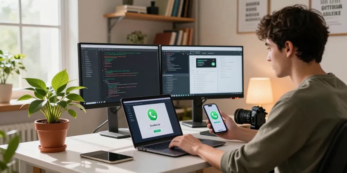 WhatsApp下載 in a modern workspace with a young professional downloading the app on a laptop.