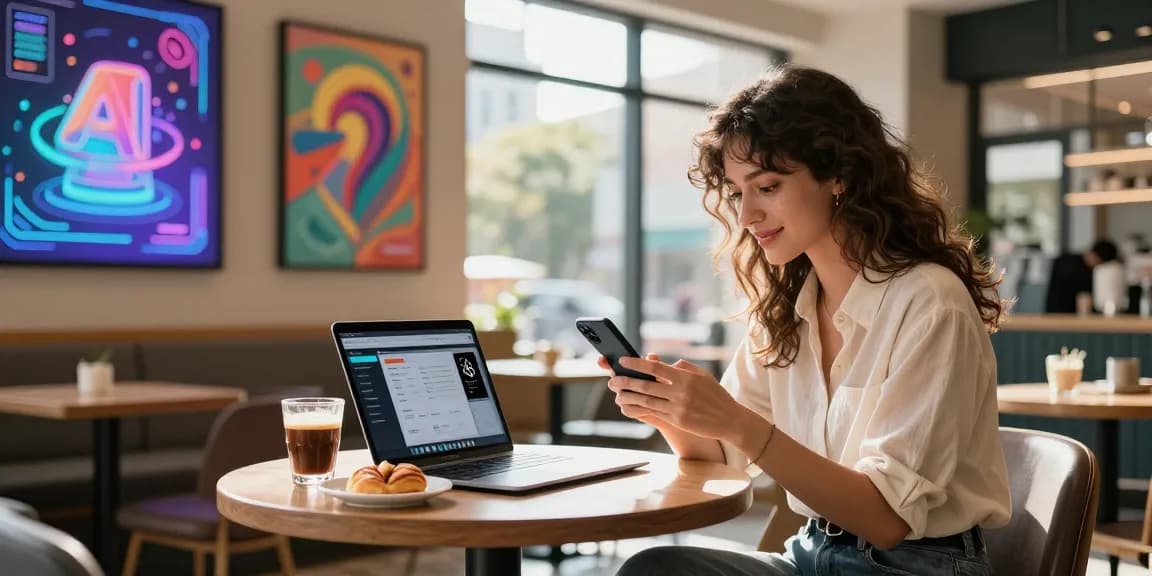 Young woman enjoying hot AI applications in a trendy café, showcasing digital art and tools.