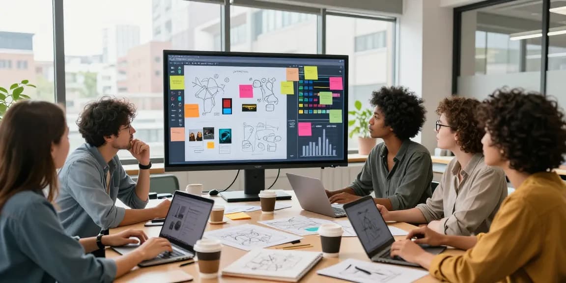 Modern collaborative team brainstorming on a mix board during a creative session in a bright workspace.