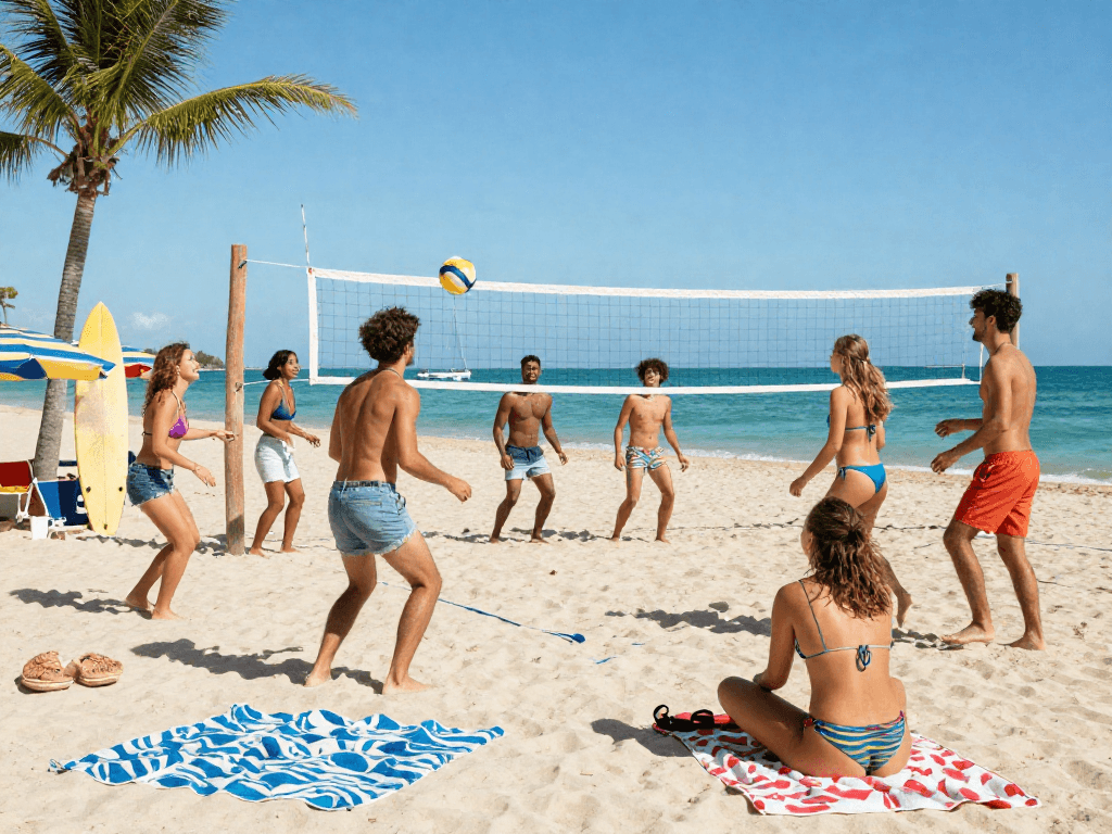 Friends engaging in beach fun while wearing bikinis, embodying the lively spirit of BIKINISLOT adventures under the sun.