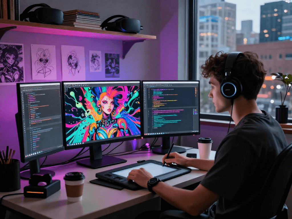 Creating innovative nsfw ai art in a vibrant digital studio.