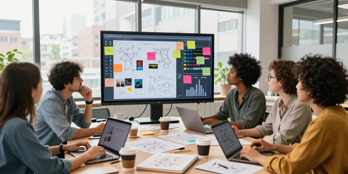 Modern collaborative team brainstorming on a mix board during a creative session in a bright workspace.