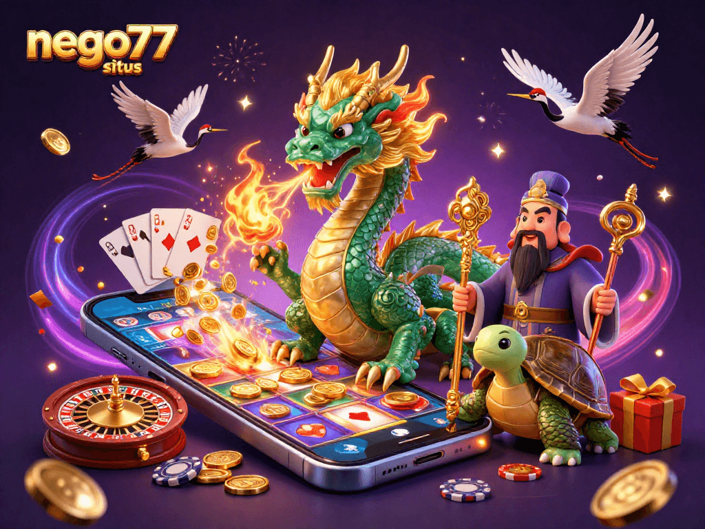 Experience the thrill of gaming with nego77 situs featuring a mystical dragon and vibrant casino elements.