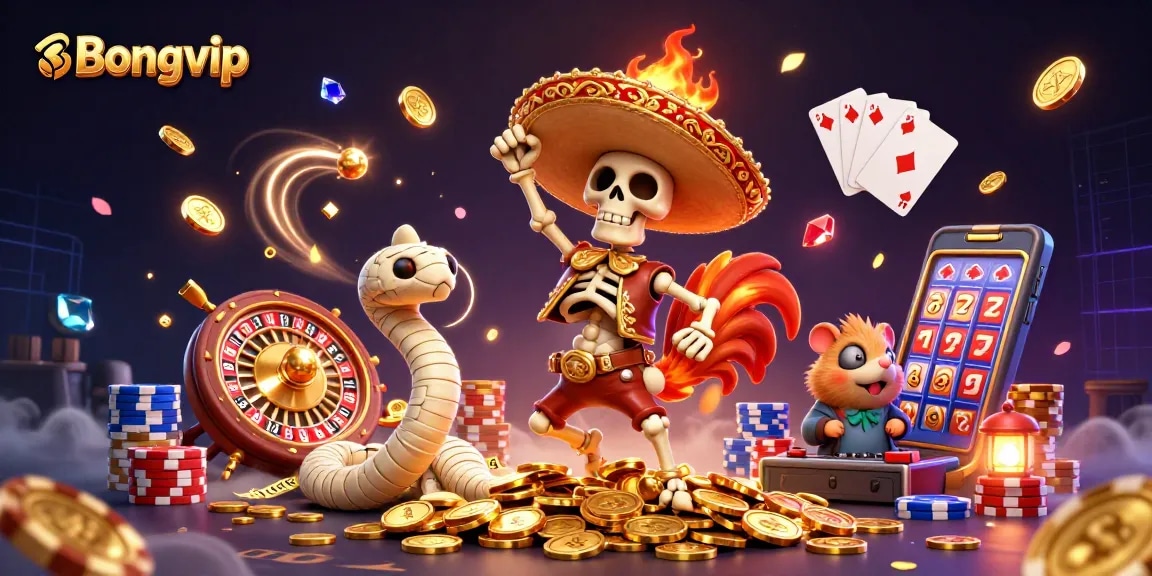 Bongvip casino features a stacked scene of a mariachi rooster, mummy snake, and DJ hamster celebrating among flying coins and vibrant game elements.