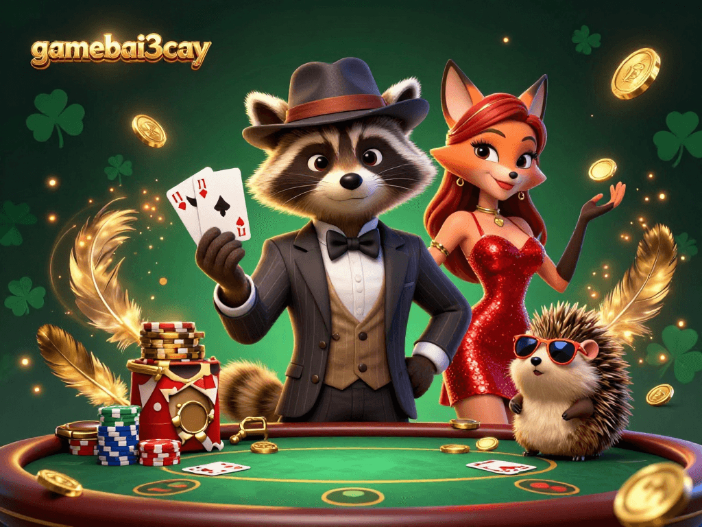Engage in thrilling poker stakes with gamebai3cay's vivid casino scene featuring a suave raccoon and charming fox.