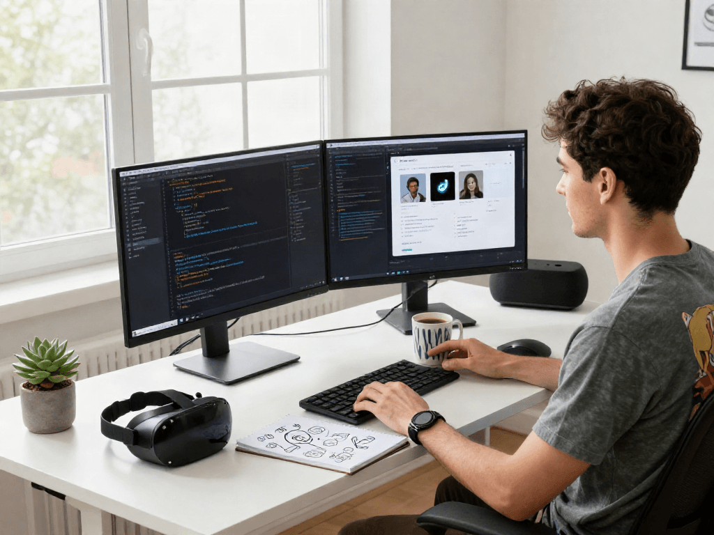 Workspace featuring nsfw ai application development by a software developer surrounded by tech gadgets.