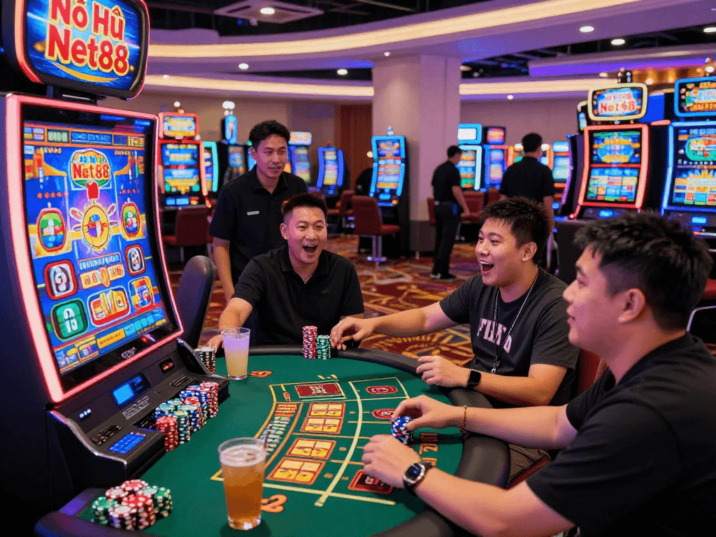 Nổ Hũ Net88 - Players celebrating around a vibrant casino slot machine.