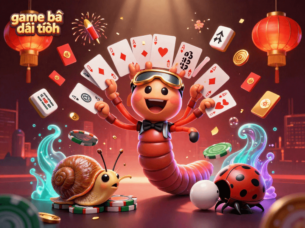 Engage in game bài đổi thưởng with a bustling casino scene featuring a playful millipede dealer and vibrant gaming elements.