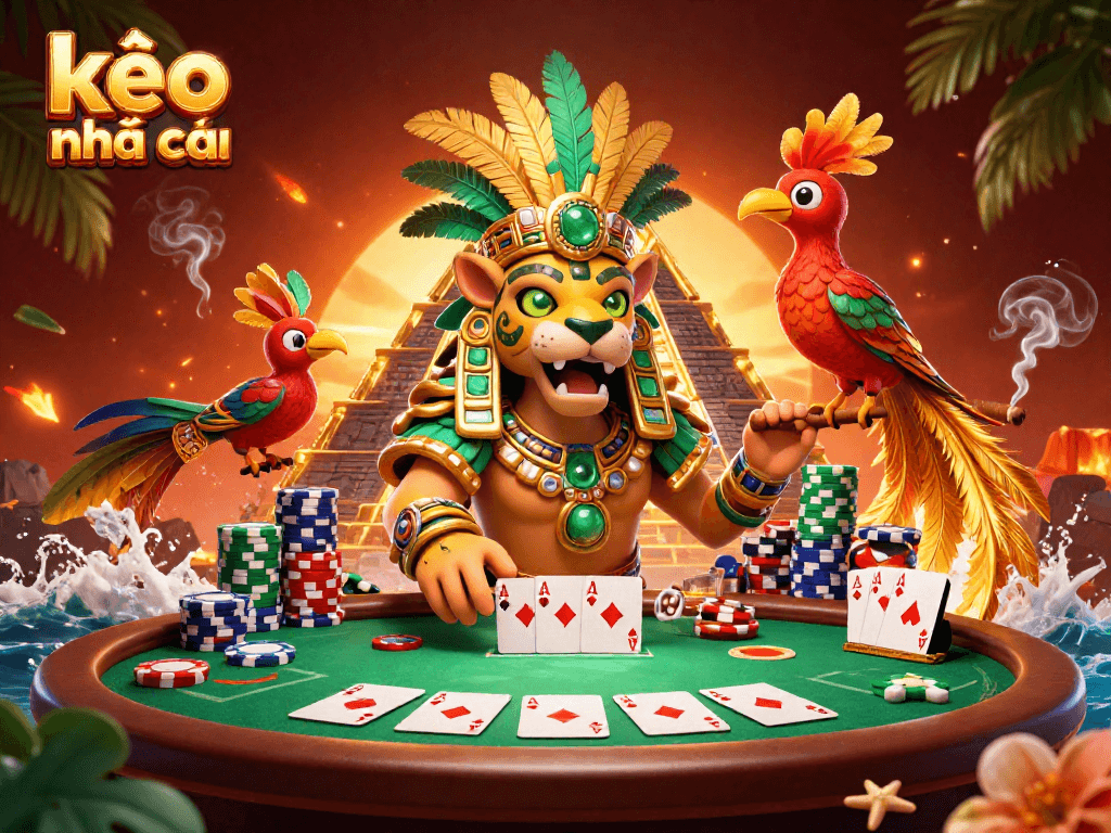 Engage with kèo nhà cái gaming illustration featuring a Mayan priest and dynamic casino elements.