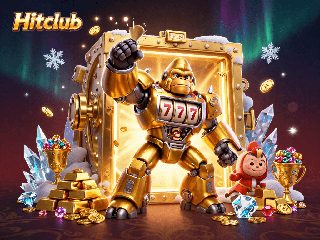 Hitclub showcases a dynamic 3D scene featuring a golden gorilla mech and treasure in a lively casino atmosphere.