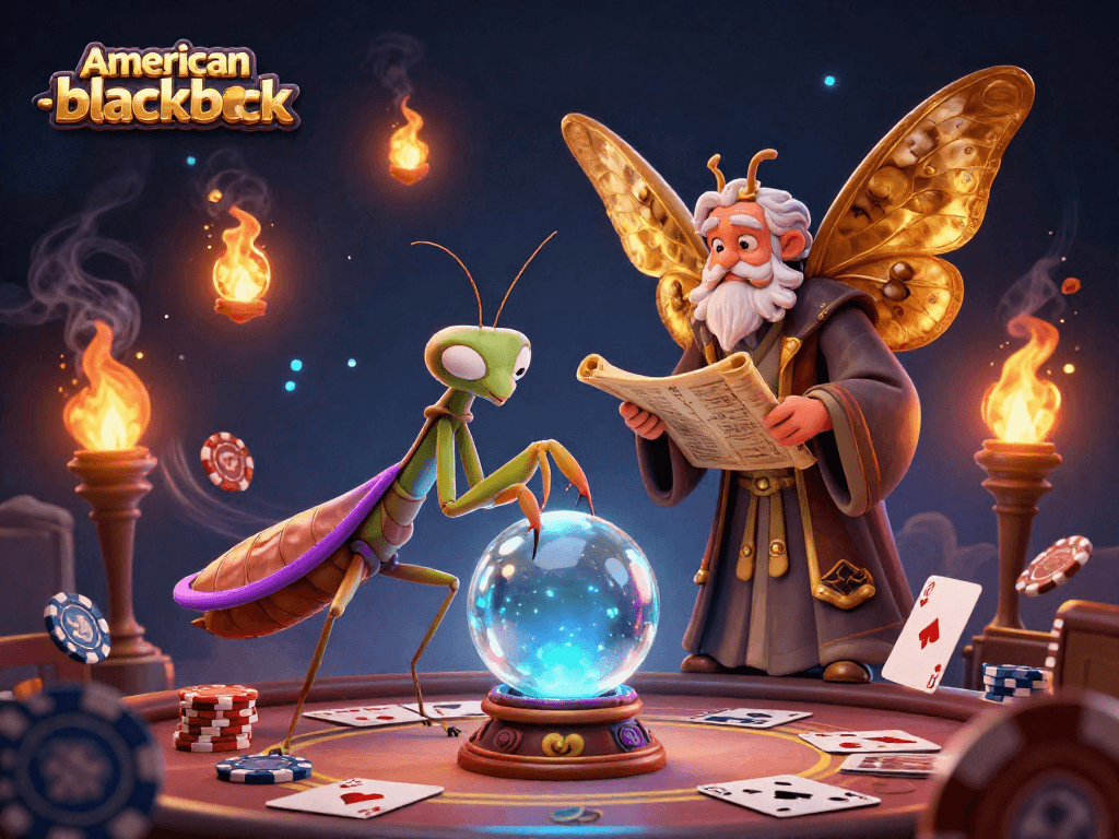 Experience expert strategies in american-blackjack with 3D fortune teller and librarian amidst dynamic gambling elements.