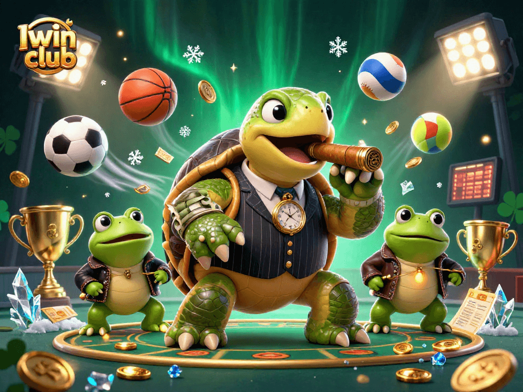 Iwin club showcases a vivid, action-packed casino scene with a mobster turtle and bullfrog enforcers.