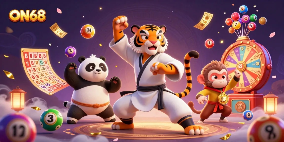 Engage in the exciting world of ON68 with a kung fu tiger mastering luck in a vibrant casino setting filled with dynamic elements.