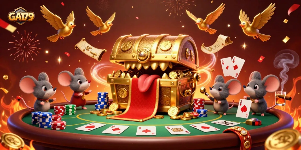 Engage with GA179's thrilling poker scene, featuring festive confetti and vibrant gambling elements.