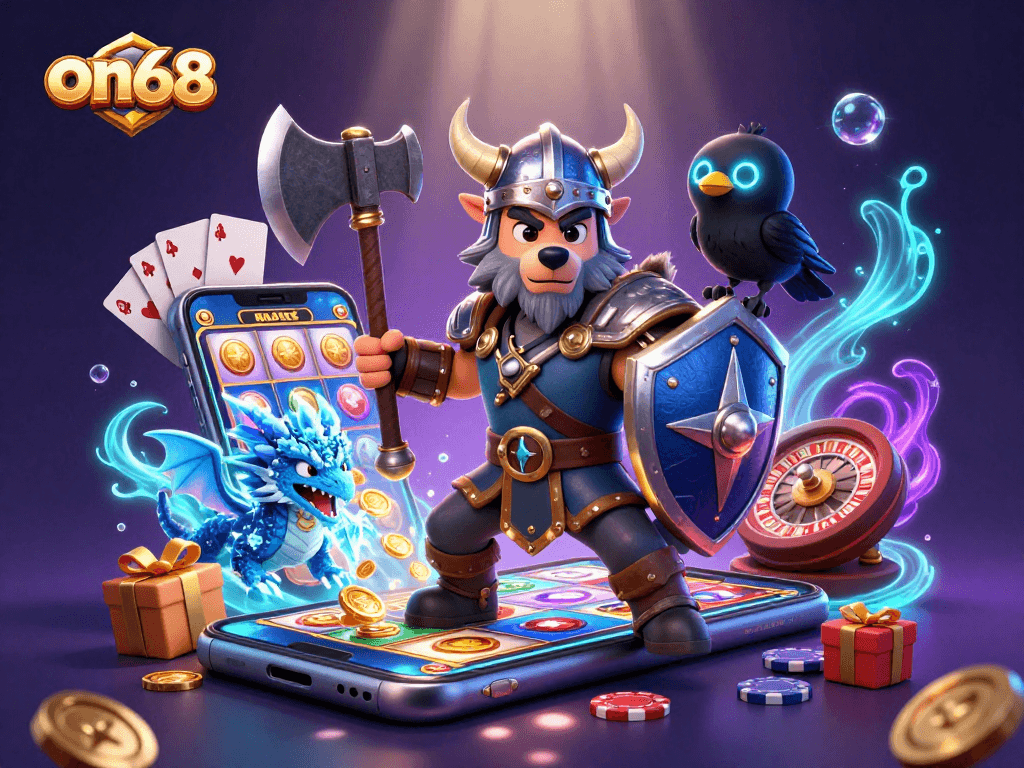 Experience thrilling adventures at on68 with a Viking warrior and dragon amid casino games and rewards.