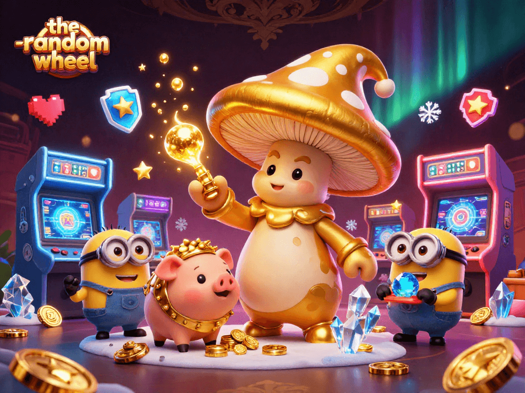 Experience the thrill of the-random-wheel with a golden wizard and treasure-hunting pig in a vibrant gaming scene.