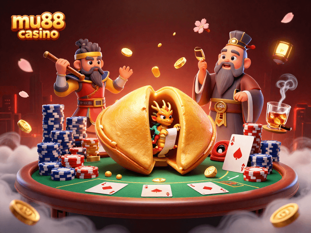 Play exciting games at mu88 casino with a golden fortune cookie scene and vibrant poker action