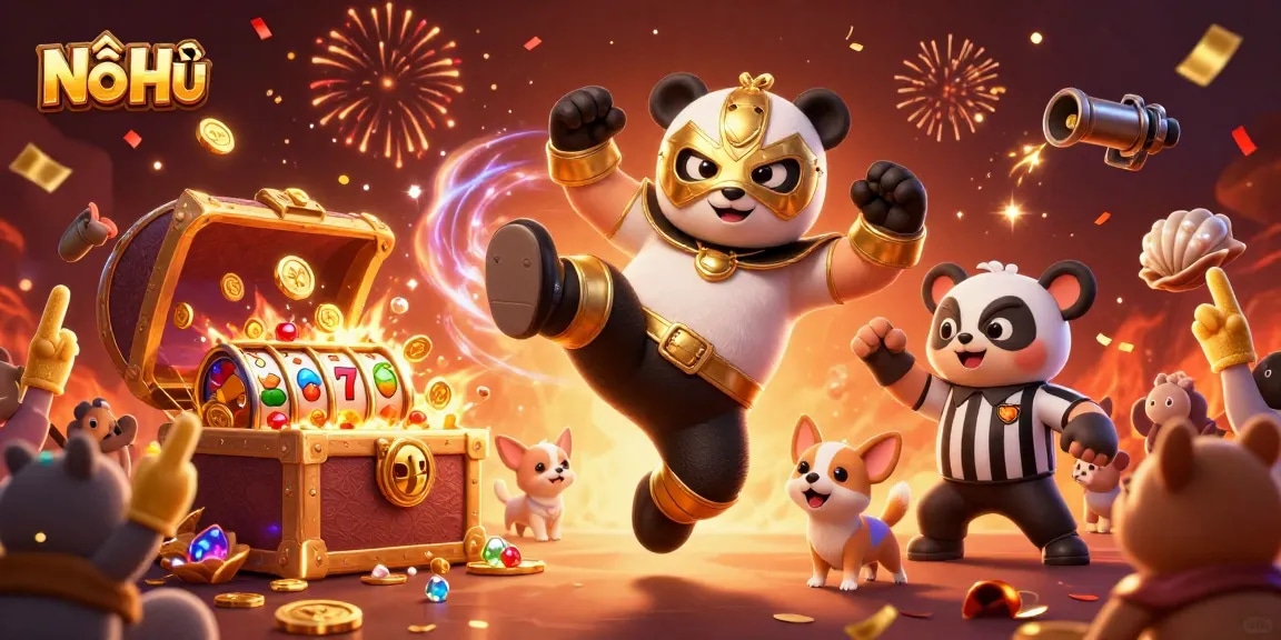 Nổ Hũ game scene showcasing action-driven panda wrestler amidst exploding treasure, slot reels, and cheering animal fans