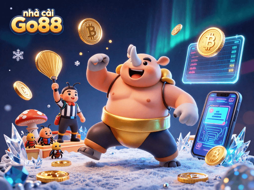 Experience the thrill with nhà cái Go88 as a sumo beetle champions amidst dazzling crypto coins.