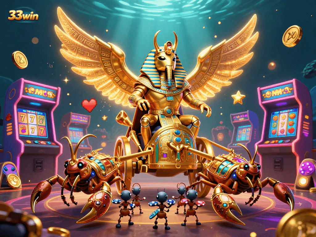 Engage with 33win's thrilling scene featuring a golden scarab beetle and scorpions among slot reels and vibrant game elements.