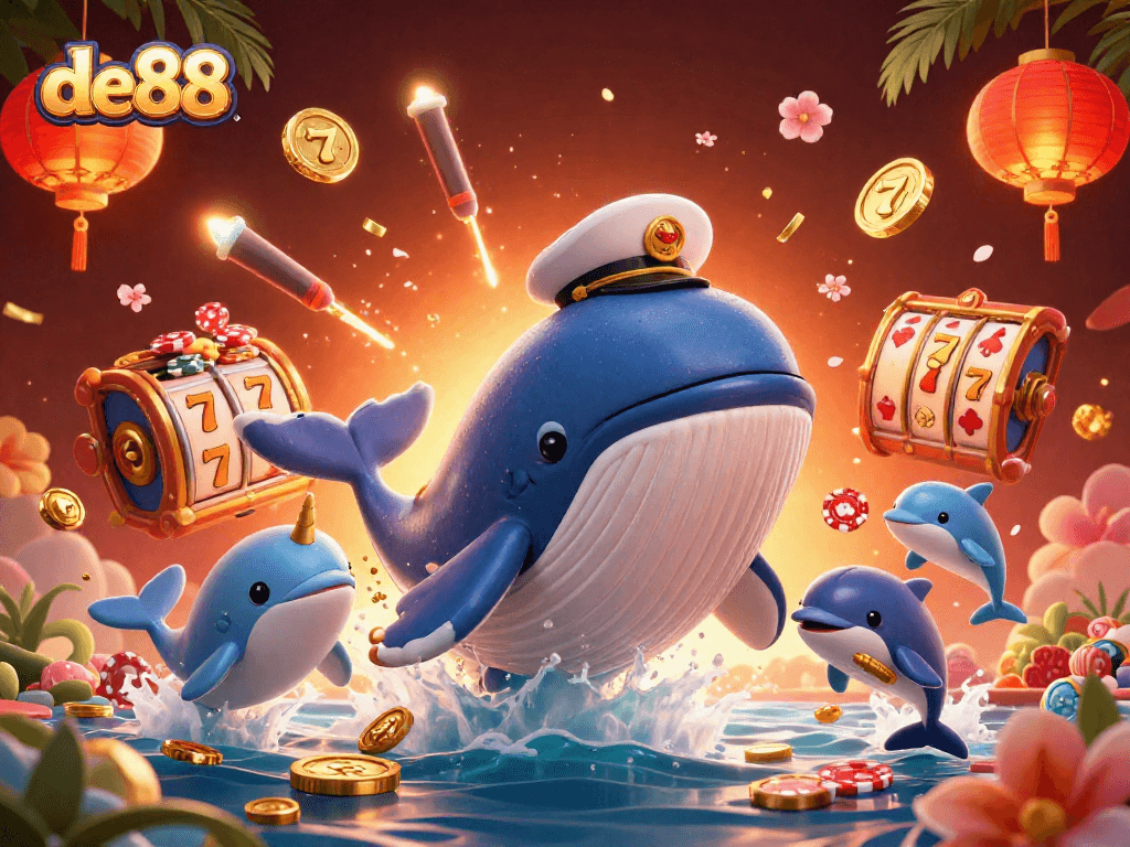 Experience the excitement of de88 with a colorful 3D casino-themed illustration featuring vibrant characters and gambling elements.