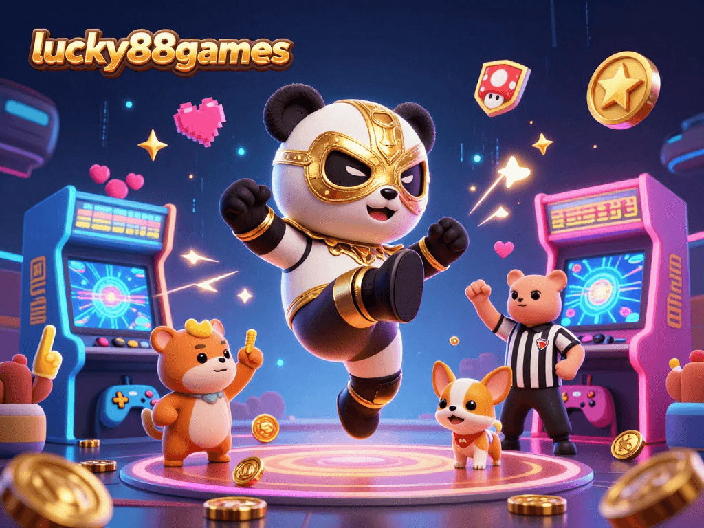 Experience incredible excitement at lucky88games with a panda wrestler and animals celebrating in a colorful casino.