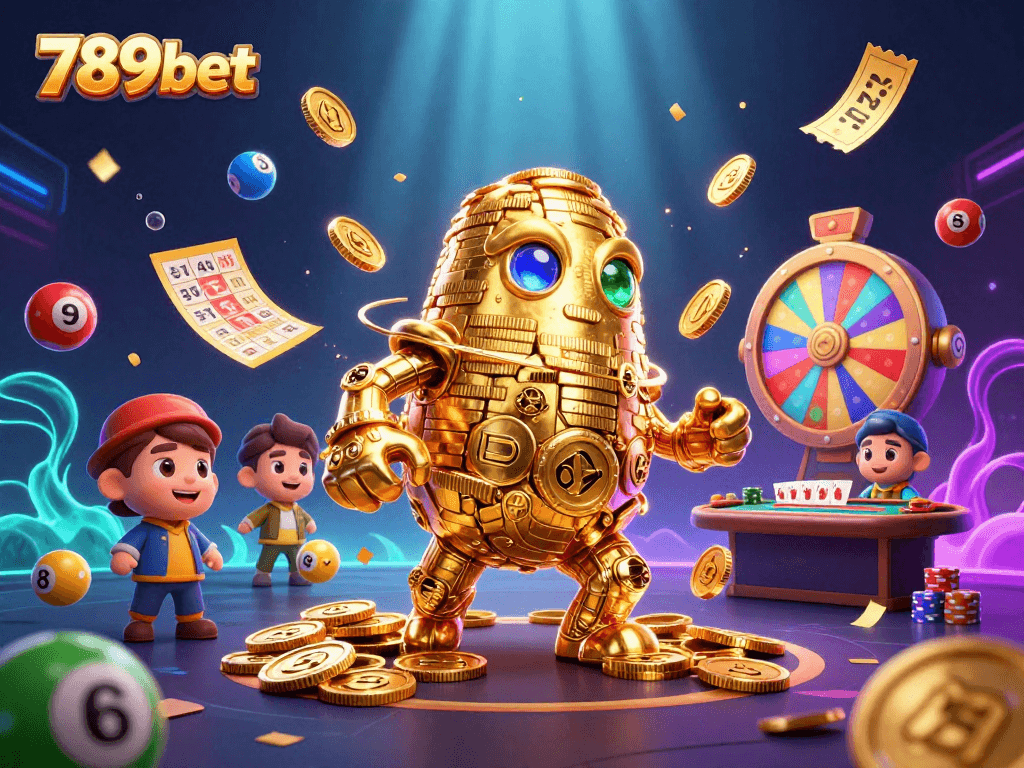 Experience thrilling gaming action at 789bet with a vibrant scene featuring golden symbols and dynamic prizes.