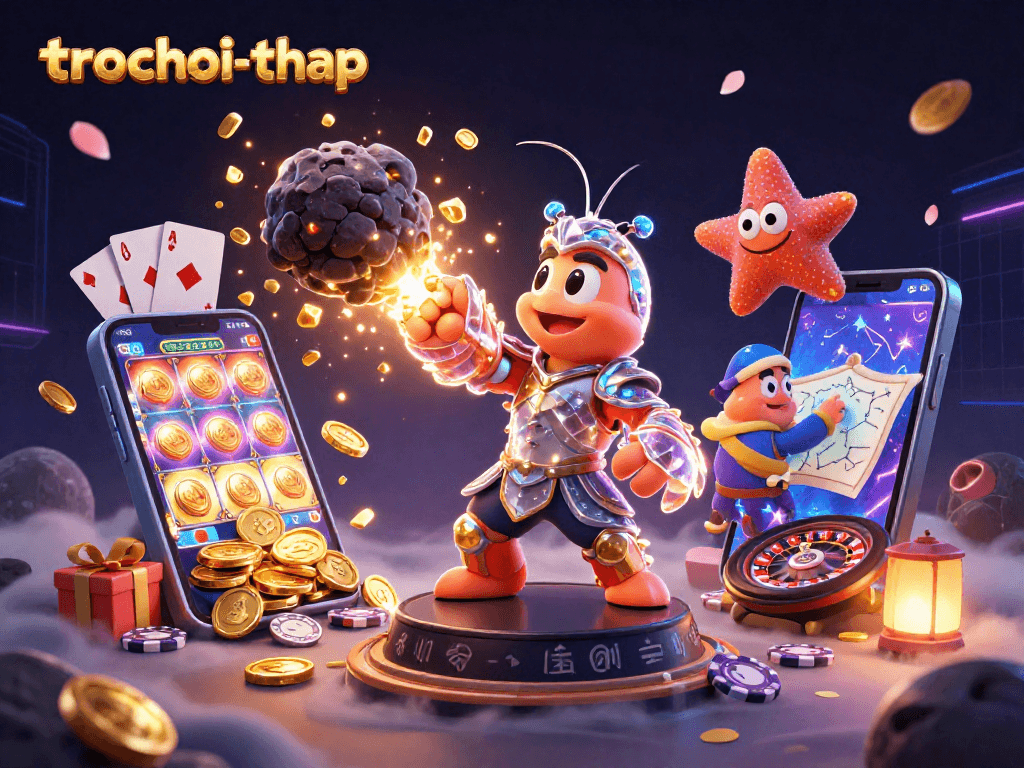 Navigate the trochoi-thap game under the glowing cosmic impact of a shrimp warrior amidst golden treasures.