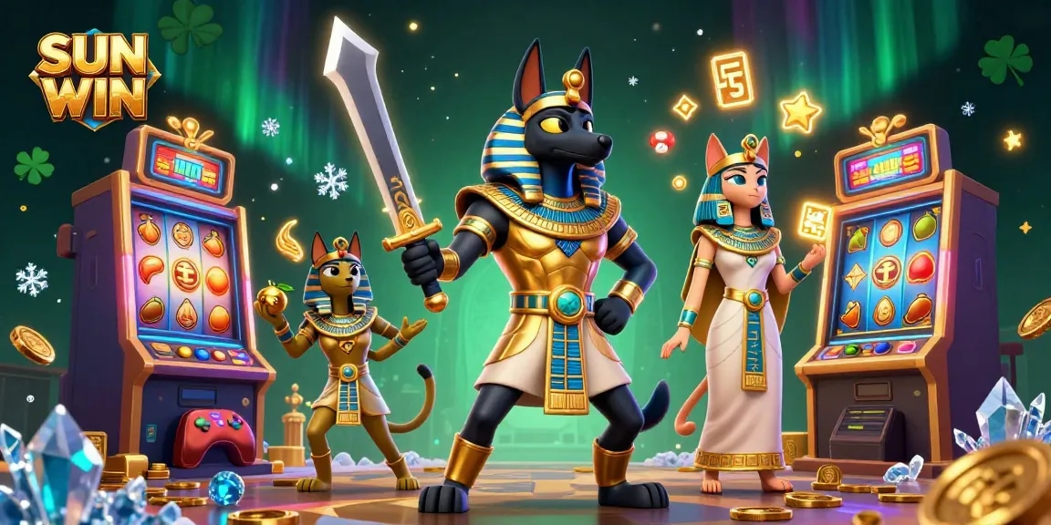 Experience SUN WIN's vibrant slot adventure with Anubis, Bastet, and dazzling gaming elements.