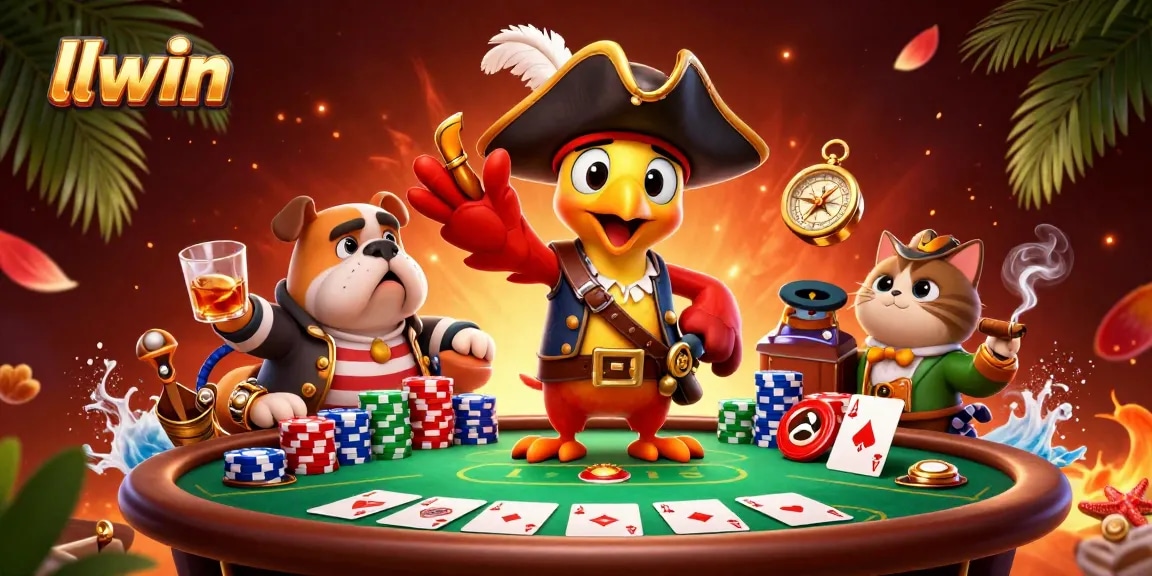 Experience thrilling gameplay at llwin with a vibrant casino-themed pirate illustration, showcasing poker elements.