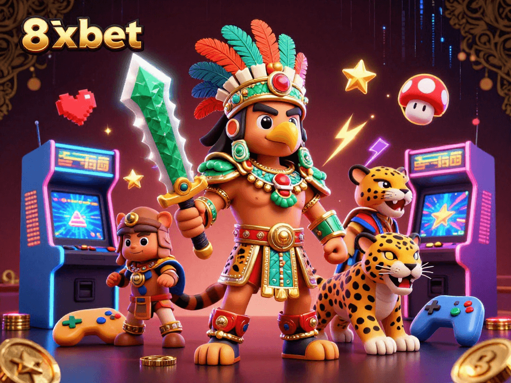 Join the excitement at 8xbet with vibrant Aztec warriors and colorful casino elements.