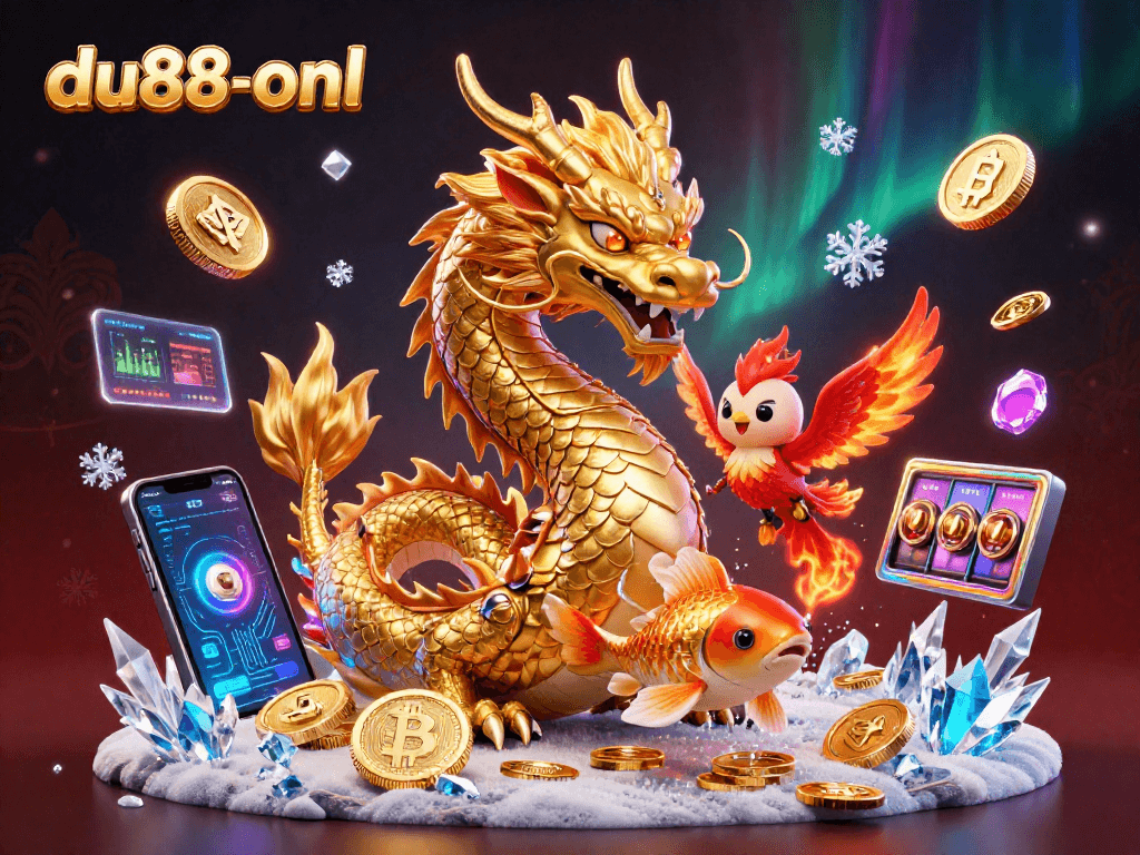 Experience excitement with du88-onl in this vibrant 3D illustration showcasing casino themes with slots and crypto elements.