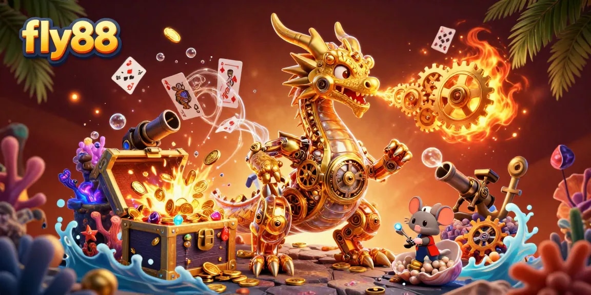 Experience the thrilling adventure of fly88 with a golden dragon and treasures in a vibrant 3D casino illustration.
