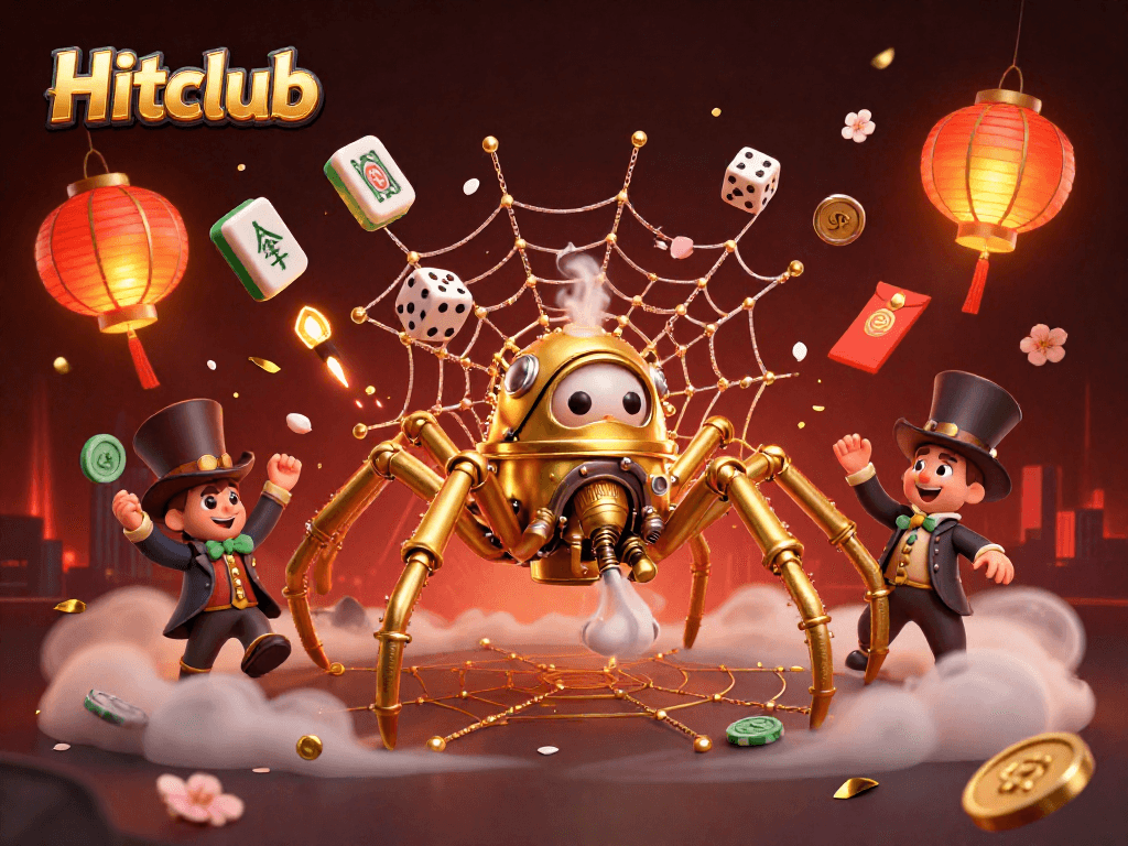 Hitclub features a steampunk spider and a fly gentleman in a vibrant casino scene.