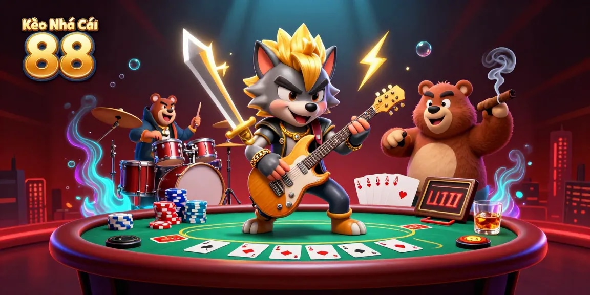 Kèo Nhà Cái 88 showcases a vibrant casino stage with a rock star wolf playing guitar and a bear drummer amidst poker elements.