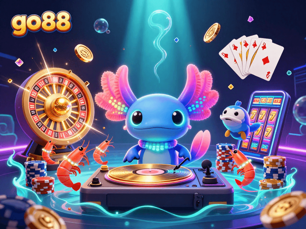 Experience the vibrant energies of go88 with an axolotl DJ and dazzling gambling elements.