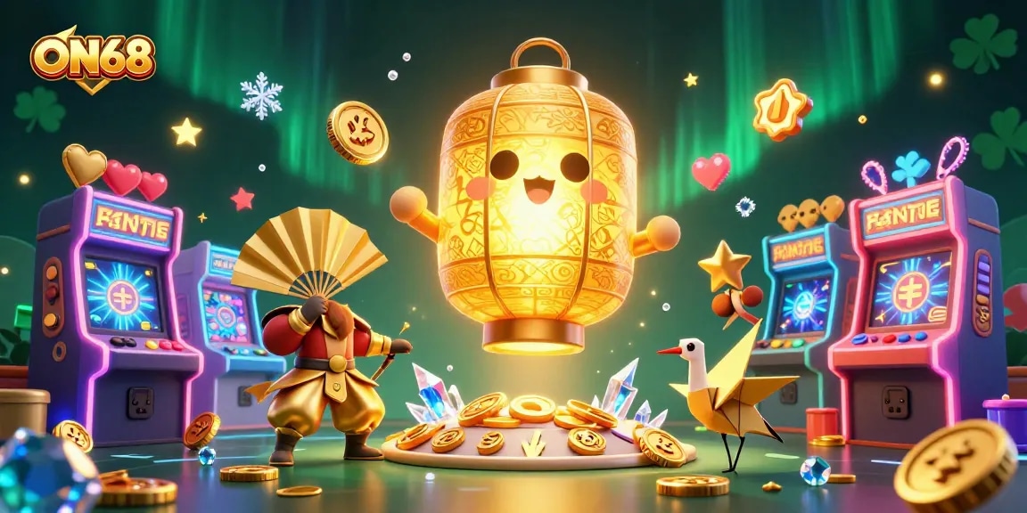 Engage in thrilling gaming experiences with ON68's colorful casino scene featuring iconic game elements.