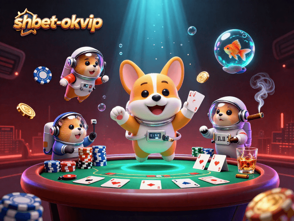 Experience thrilling gaming action with shbet-okvip as adorable characters play in a floating casino atmosphere.