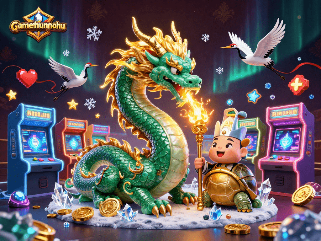 Experience the vibrant gambling world of gamethuongnohu with a jade dragon and 3D characters amidst gaming elements.
