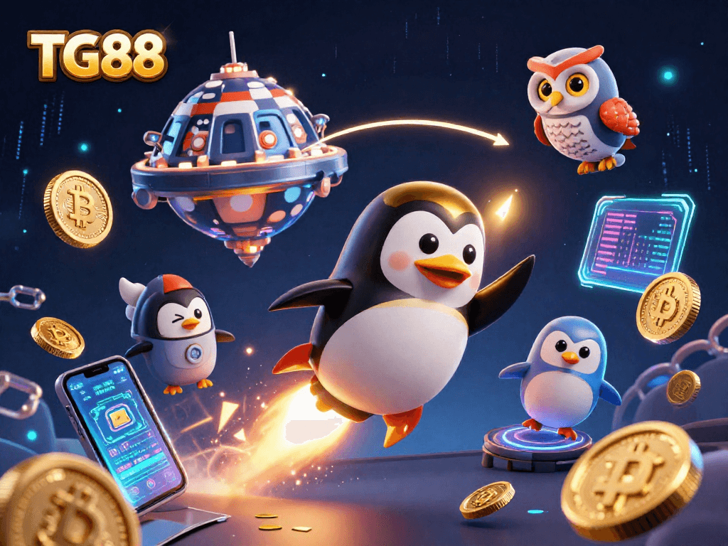 Engage in thrilling gaming at TG88, featuring a golden penguin and vibrant crypto elements in a cosmic casino.