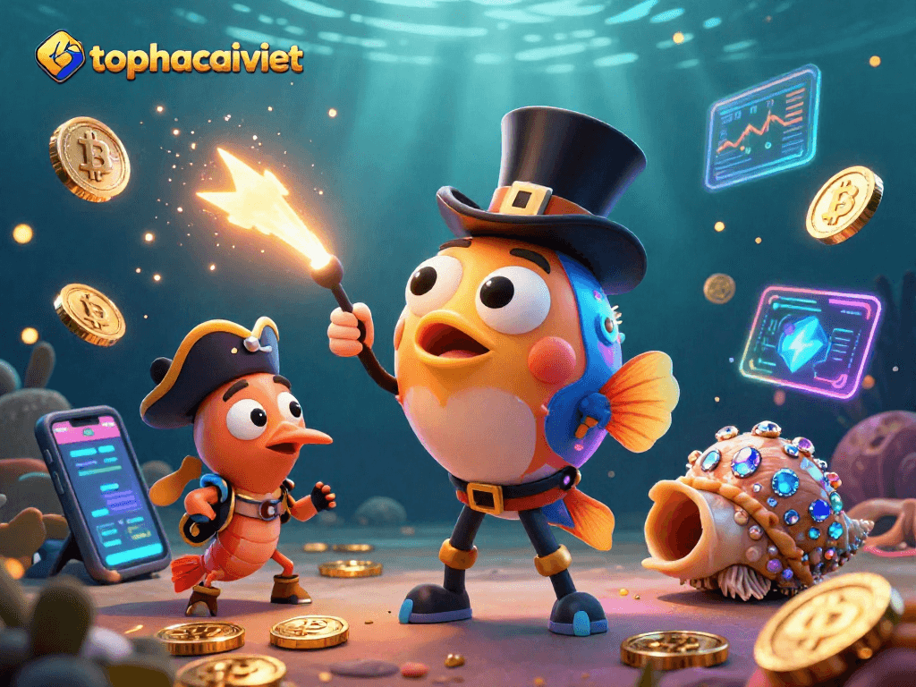 Engage with topnhacaiviet as a glowing anglerfish attracts golden coins in vibrant 3D illustration.
