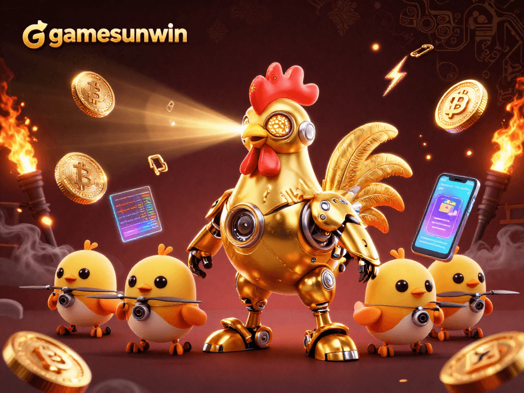 Engage in thrilling gamesunwin action with a golden rooster robot and crypto elements
