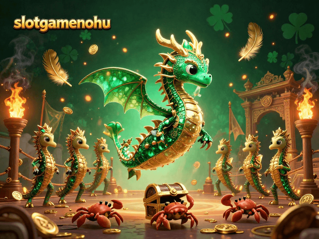 Experience thrilling spins at slotgamenohu with emerald dragon and gold treasure in a lively casino scene.