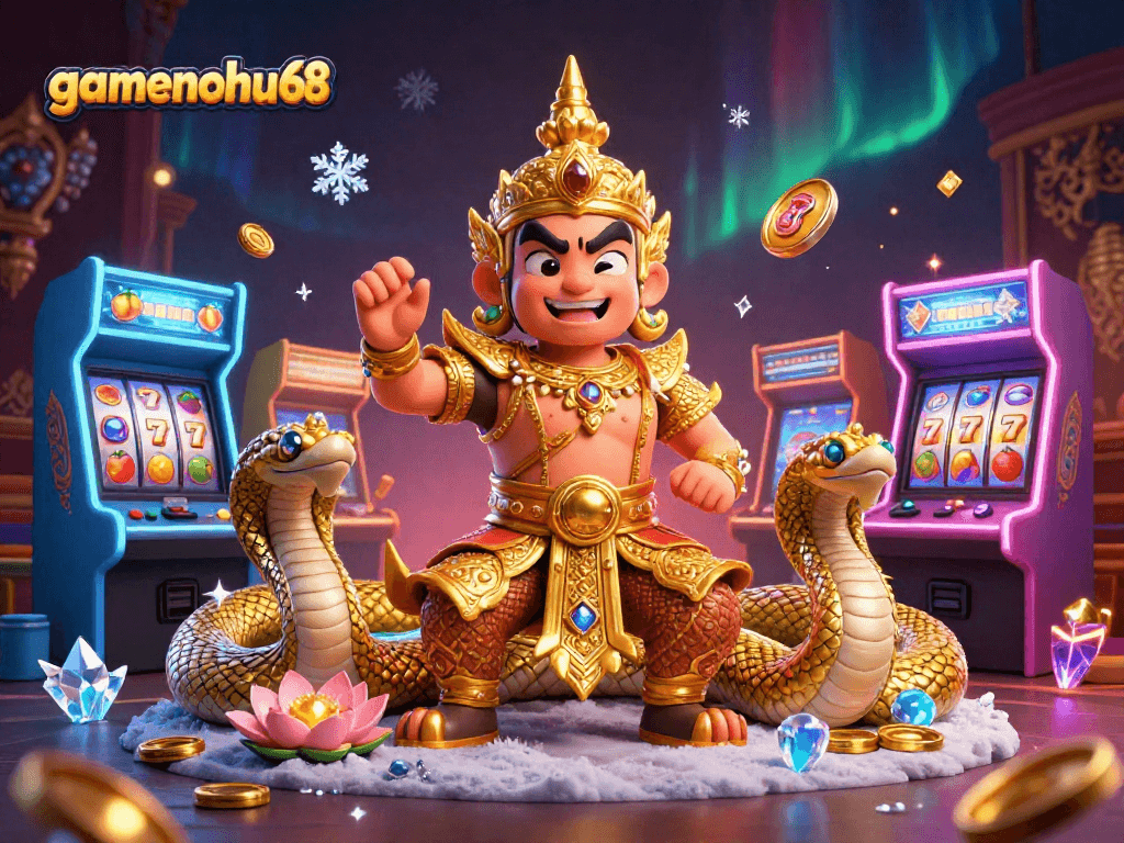 Experience the excitement of gamenohu68 as the Thai temple guardian and Naga serpents surround slot machines and gaming elements.