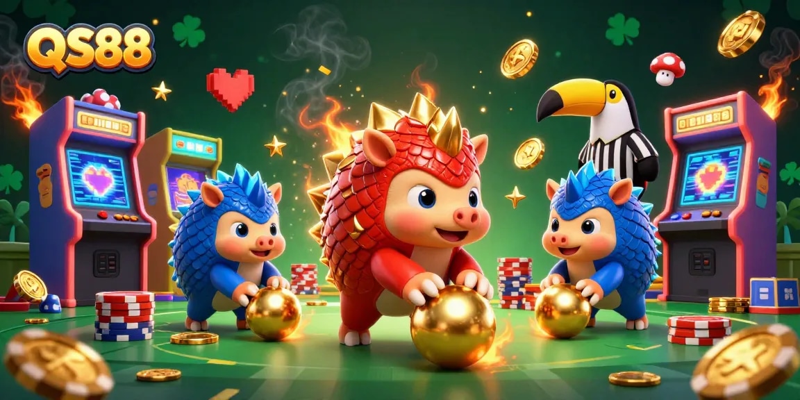 Engage in thrilling gameplay at QS88 with vibrant pangolins bowling through poker chips.