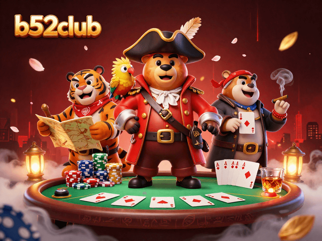 Engage with b52club's vibrant casino theme featuring a pirate captain bear, fierce tiger, and immersive poker scene.