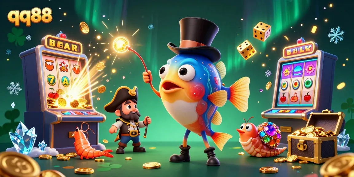 Engage with qq88's exciting game features like slots and jackpots in a vibrant underwater-themed illustration.