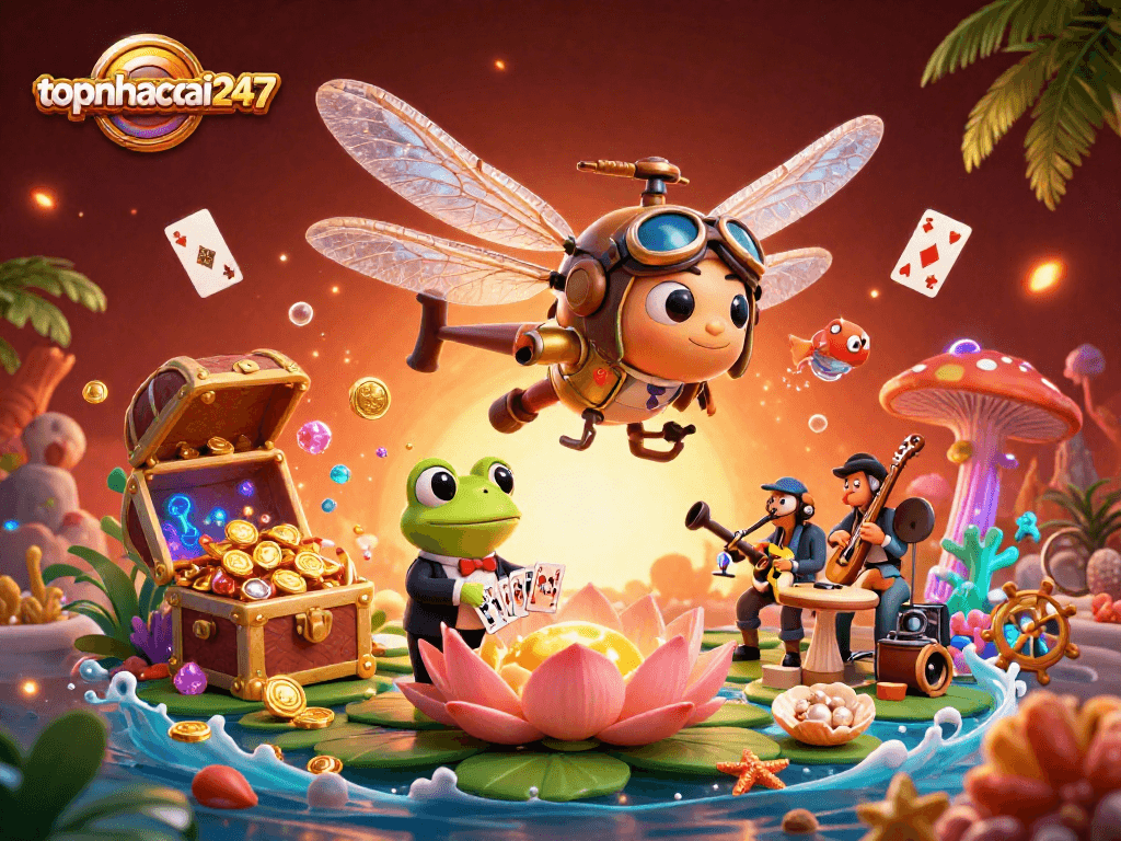 Experience thrilling gameplay at topnhacai247 with a vibrant casino scene featuring a cartoon dragonfly pilot.